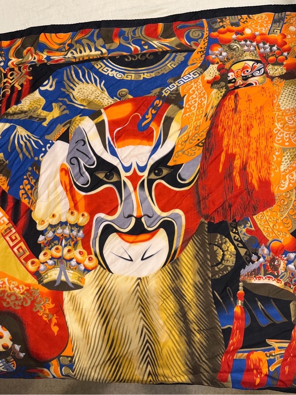 Luxury Chinese Multicolor BEI FEI 100% Silk Scarf - Vibrant Opera Mask Design